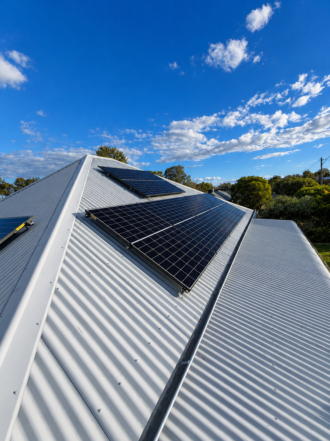 Solar panels mounted along the ridge of a residential metal roof